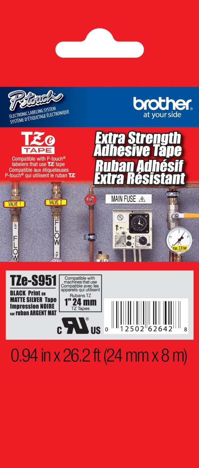 Brother Laminated 1" Extra-Strength Black on Matte Silver P-Touch Label Tape